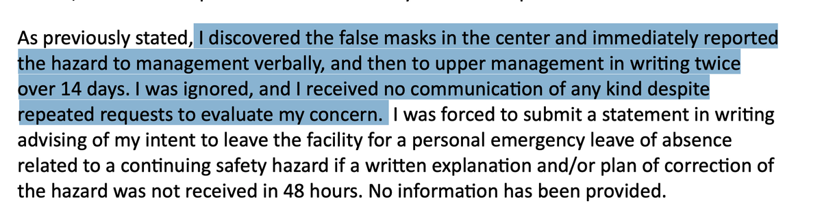 9/ Again, she told CSL managers she would not work until the company provided safer masks. She called OSHA and was told to file a new complaint, so she did …