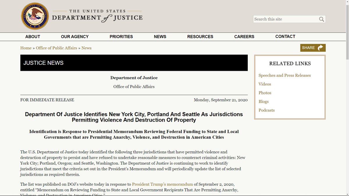  #BREAKING: Portland was just identified as a "JURISDICTION PERMITTING VIOLENCE" by  @TheJusticeDept. What does that mean? It has to do with announcement by Pres. Trump to "review funding to state and local governments."  @KATUNews  #LiveDesk