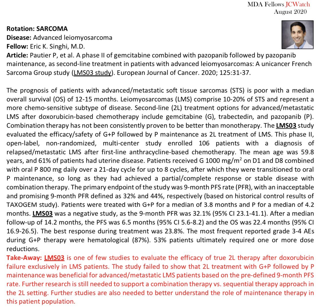 7/ Finally, Dr. @esinghimd discussed the results of the phase II LMS03, which was ultimately a negative ⛔️ study evaluating the efficacy/safety of gemcitabine+pazopanib followed by pazopanib maintenance as 2L treatment in pts w/ advanced leiomyosarcomas. 🔗sciencedirect.com/science/articl…