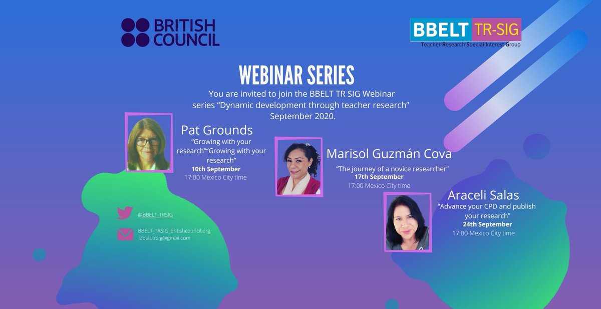 Our Webinar Series "Dynamic development through teacher Research" is coming to an end.

🗓 This Thursday, Araceli Salas is going to be participating with her webinar "Advance your CPD and publish your research". 

📣 REGISTER NOW
bbelt.trsig@gmail.com