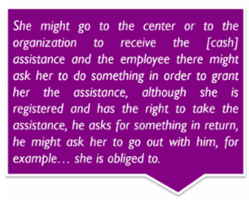 An example of #gender and power dynamics in aid distribution in #Lebanon. From a qualitative interview of an adolescent Syrian refugee girl living in Lebanon (conducted by Empowered Aid, @GWUGlobalWomen) #ProtectionForum2020 #CVA