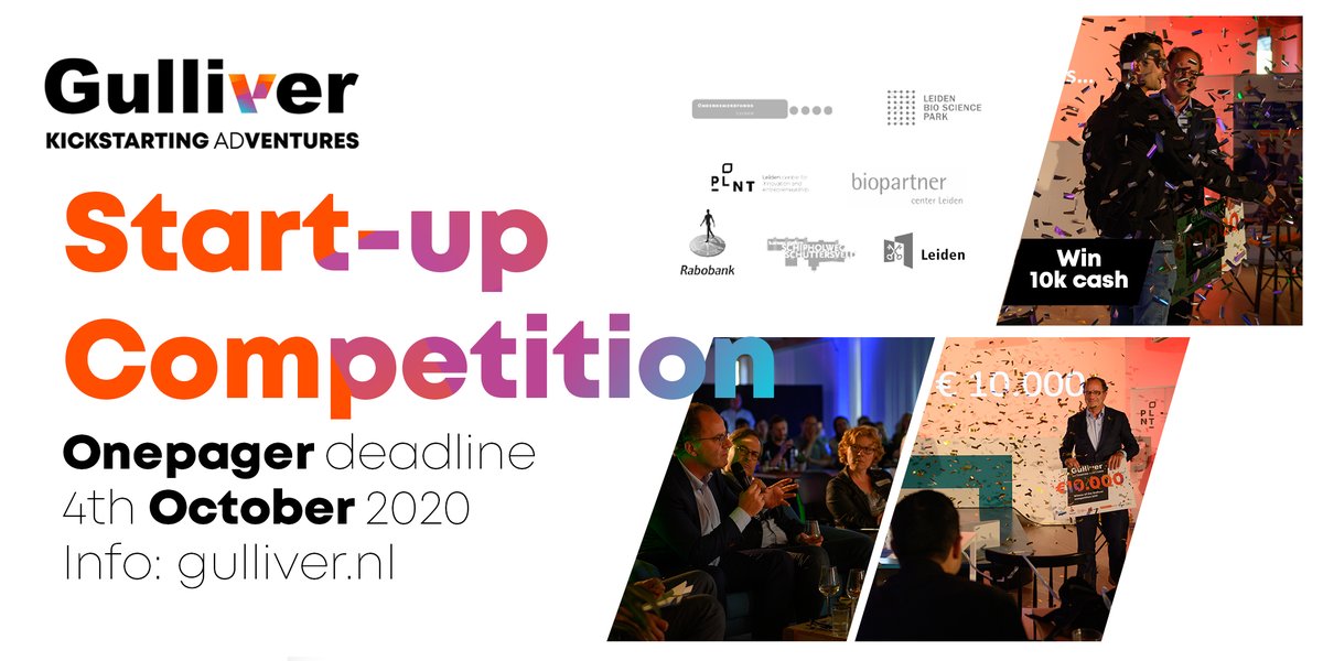 Join the Gulliver #startup competition. €10k to kickstart your adventure. No strings attached. 
Gulliver.nl for more info.
Thanks to our sponsors  <a href="/PLNT_Leiden/">PLNT Leiden</a> <a href="/Rabobank/">Rabobank</a> <a href="/GemeenteLeiden/">Gemeente Leiden</a> <a href="/Leidenbsp/">LeidenBioSciencePark</a>