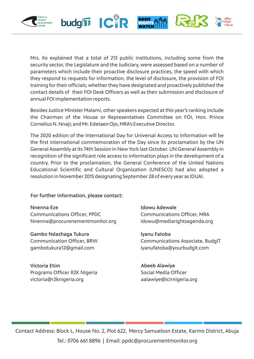 BRWorg's tweet photo. Press release on the 2020 National FOI Ranking scheduled to hold in Abuja on September 28 👇🏿👇🏿👇
#FOIRankingNG #TransparencyAlert https://t.co/0ZQE4xAGm5