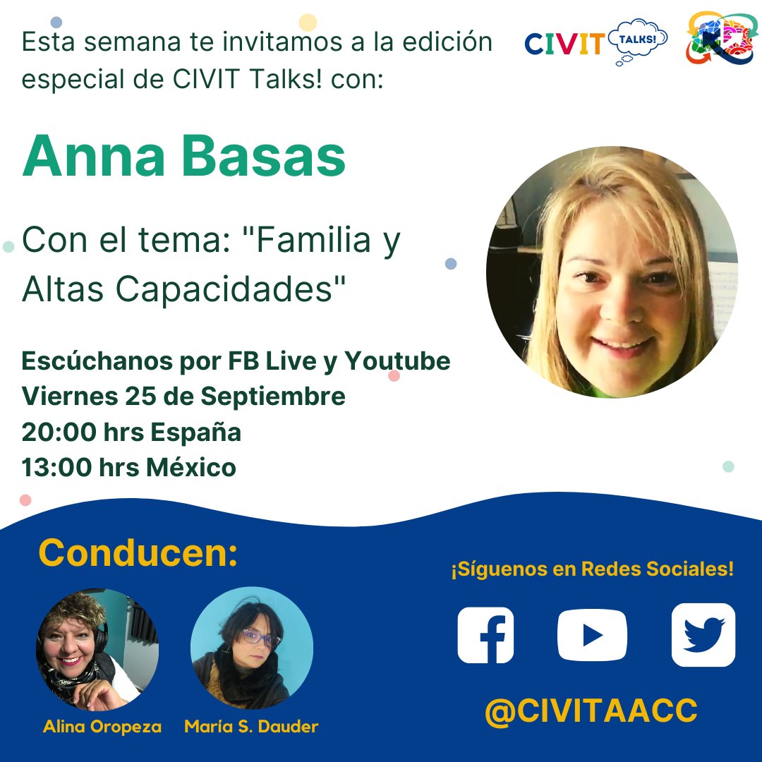 CIVITAACC's tweet photo. ¡Tenemos nueva cita! En este programa hablaremos sobre la experiencia de tener una familia con AACC, los retos y algunos momentos clave en la identificación con Anna Basas.
FB LIVE 20:00 Hrs España / 13:00 Hrs México 
Te esperamos: https://t.co/gmbPaJaSk6
#aacc #talento #familia https://t.co/Fyddd2Mche