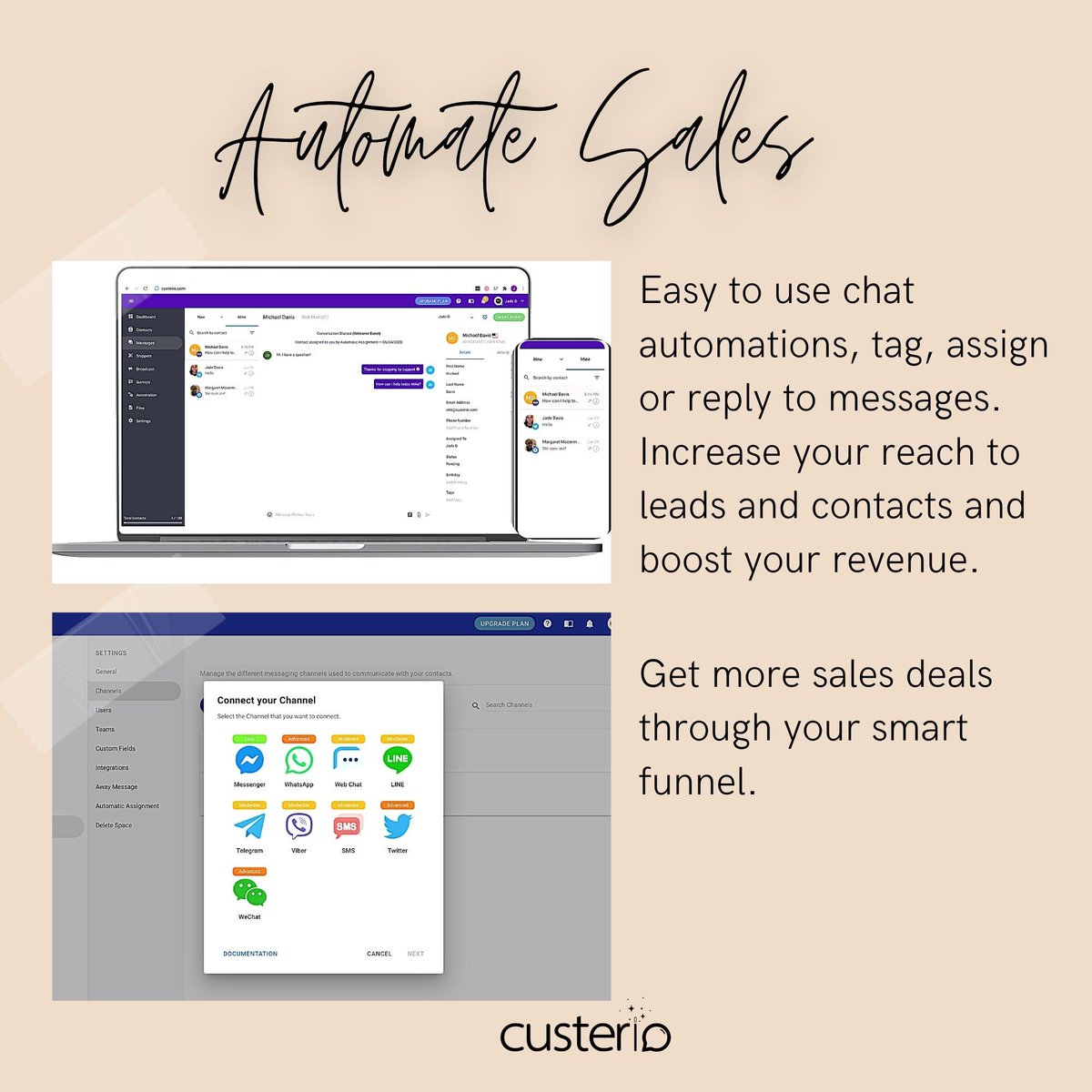 CusterioHQ's tweet photo. Facebook? Twitter? Whatsapp? Telegram? Wechat? No problem! Have all your communication channels under one smart funnel! Get Custerio today.😎
#Growyourbusiness
#Stayconnected
#OneChannel
#OneCommunity https://t.co/c9SBBqhpnd