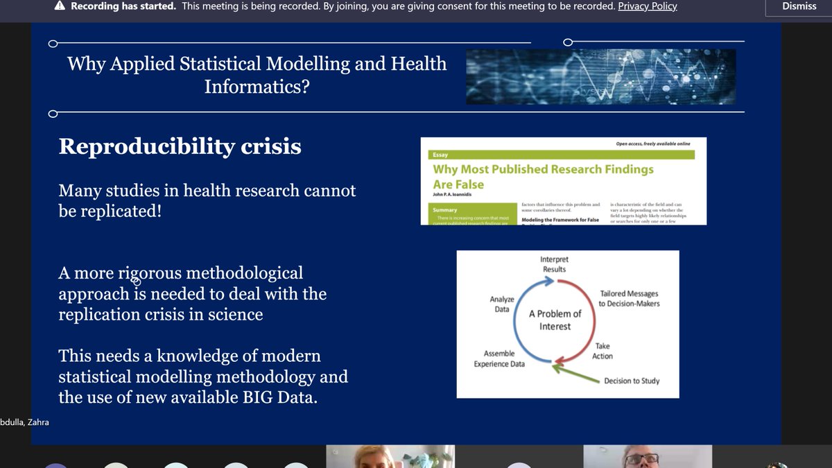 _ChrisAlbertyn's tweet image. Attending intro to @KCLBHI 'Applied #StatisticalModelling & #HealthInformatics' today - so excited!! Even more so after the FIRST slide outlines the #ReproducibilityCrisis, a huge priority for research! Glad to see appropriate emphasis here, Prof @daniel_stahl_01 is my hero! 🙌😁