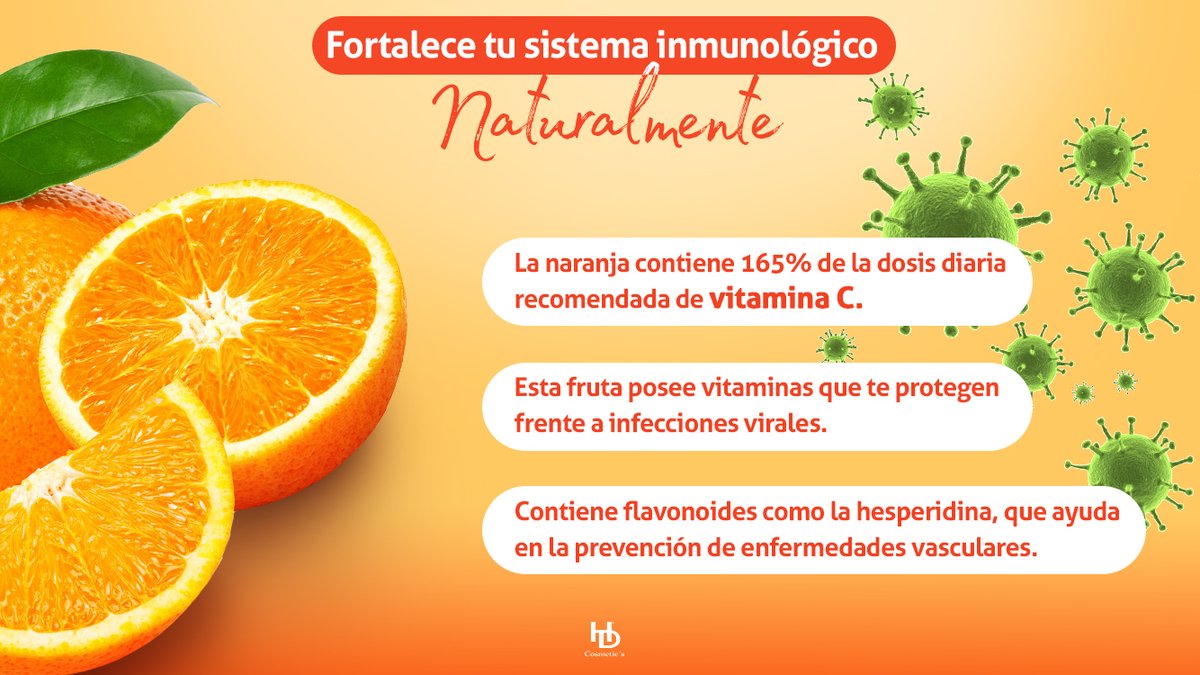 HdCosmeticsve's tweet photo. Fortalece tu sistema inmune con el consumo de alimentos y frutas 🍊 ricas en vitamina C. 
.
Se ha demostrado que la vitamina C se acumula en las células inmunitarias mejorando la capacidad del sistema de defensas ante la presencia de patógenos 🦠🤺 infecciosos.
#TipsHDCosmetics https://t.co/2BuScHzbul