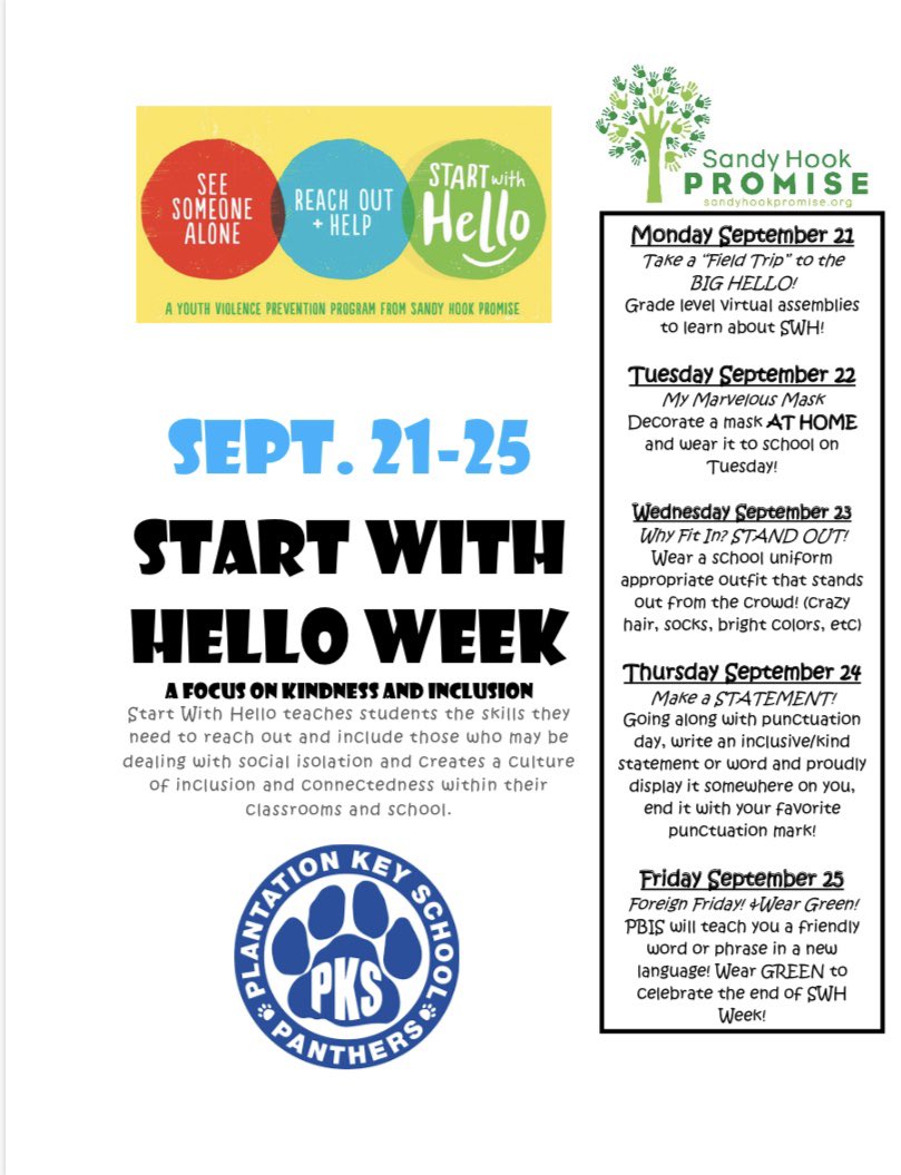 MissEmilySW's tweet image. #startwithhello week 2020 is here!! @PKSPanther  are celebrating all week with these amazing COVID compliant activities!! 💙💚💛