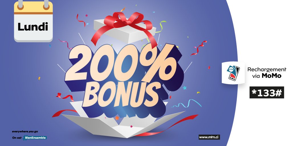 MTNCotedIvoire's tweet photo. Aujourd'hui lundi, pour tous vos rechargements via MoMo profitez de 200% de bonus. Tapez *133# puis suivez les instructions.
On est #BienEnsemble https://t.co/xJ0ryLNWZR