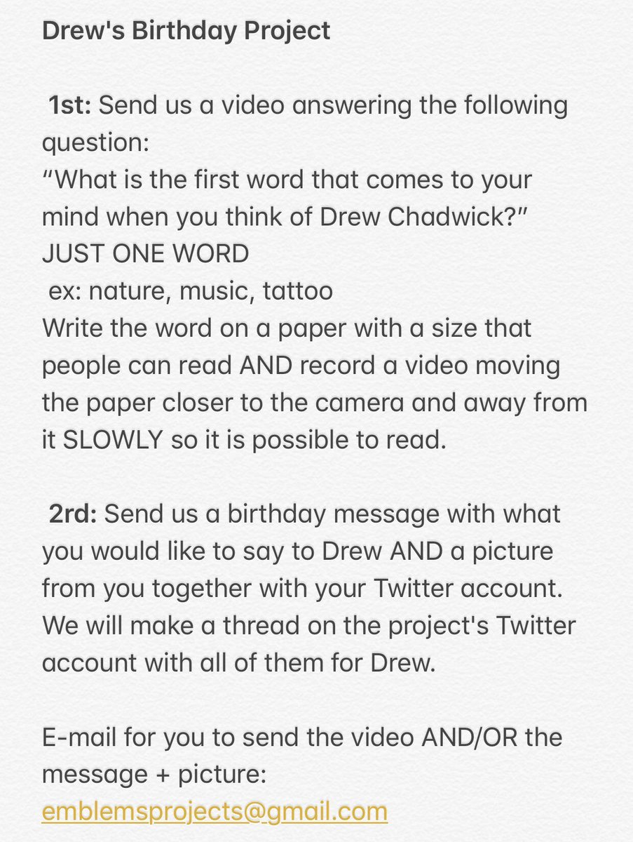 EmblemsProjects's tweet image. Ok, we have a few more days until Drew's birthday so we decided to change the deadline. Send to email by 09/25!