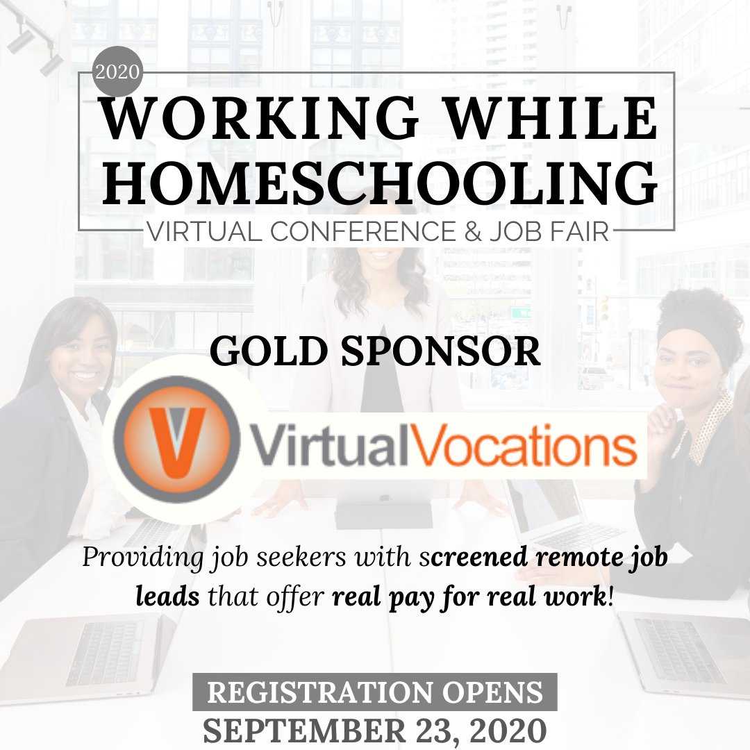 WorkWHomeschool's tweet photo. So excited to have @VirtualVocation joining us as Sponsor for 2020 #WorkingWhileHomeschooling Virtual Conference &amp; Job Fair! Tickets $15 for limited time! Seminars and advice on #JobSearch, #remotework, #homeschool, more! 
https://t.co/klJjsU5Mjw
#WWHConference #VirtualVocations https://t.co/d9PLRPFfES