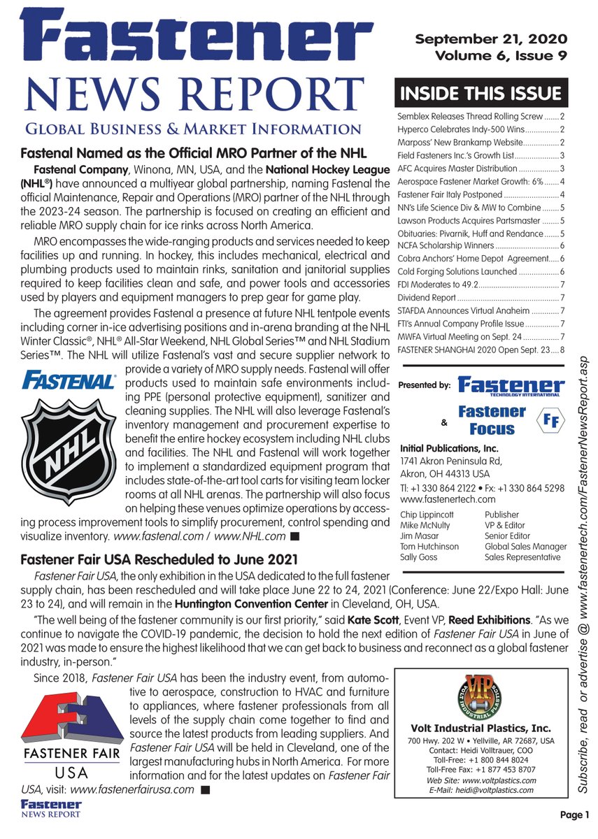 The September 21 Flip Book Edition of FTI's Fastener News Report in available online here online.pubhtml5.com/ksyg/cwwc/. Details on the PDF and Print Editions as well as schedules and contacts can be seen here fastenertech.com/fastenernewsre….