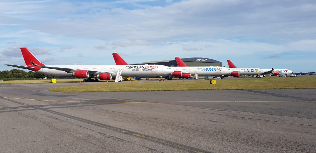 EuropeanAvGroup's tweet photo. The mighty Airbus A340's lined up at @BOHAirport recently. https://t.co/FaLe4CgKOq