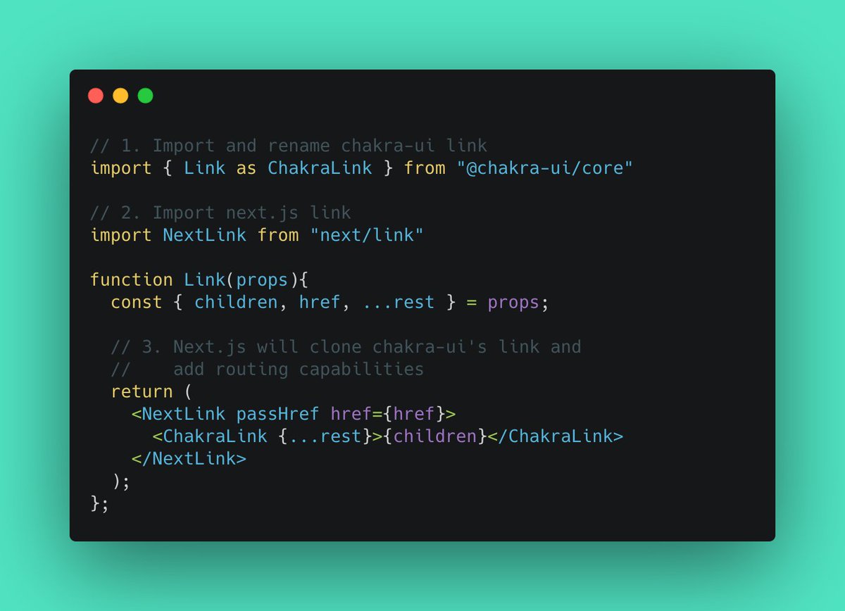 thesegunadebayo's tweet image. Chakra UI + Next.js Tip 💡

If you ever wanted to combine the link components from Chakra UI and Next.js, here&apos;s how to go about it:

#Nextjs #ChakraUI