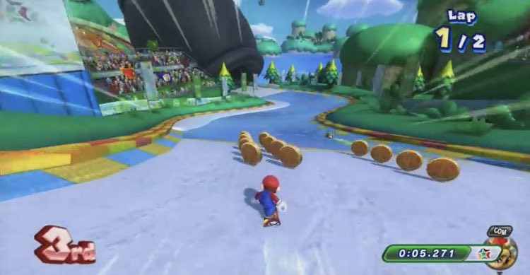 Mario & Sonic at the Sochi 2014 Olympic Games (2013) Appears in Dream Snowboard Cross. Coins can be collected to help increase speed??? like in Mario Kart. wow look at that, a coin. 7/10. I couldnt tell.