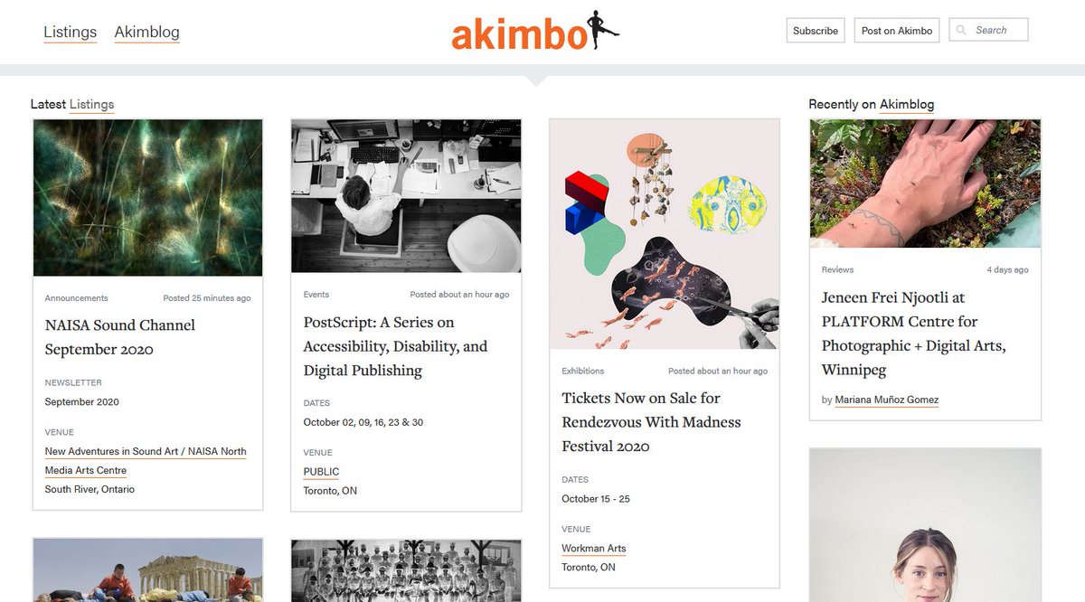 Looking for notices of #exhibitions, events, jobs, calls for submissions and more? 
Check out <a href="/akimboart/">Akimbo</a> - an excellent #art resource! 
akimbo.ca
