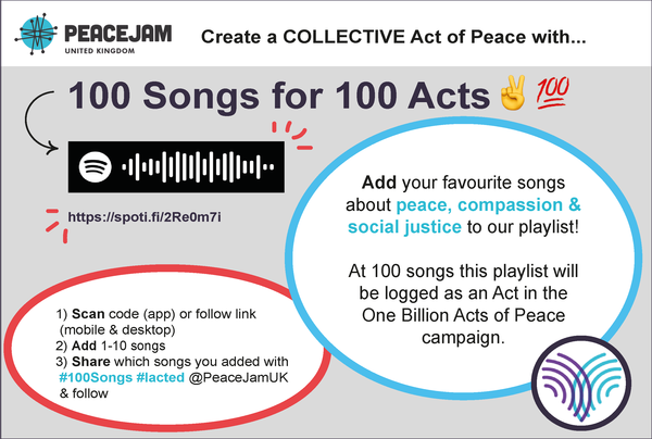 PeaceJamUK's tweet photo. To celebrate #PeaceDay, we're asking the @PeaceJam community to help create a collective ‘Act of Peace’. Add your favorite songs about peace, love &amp; social justice to our playlist ‘100 Songs for 100 Acts’.
Share your songs using #100songs #Iacted https://t.co/hsSofOL8Fc https://t.co/J5Viu5o8qq