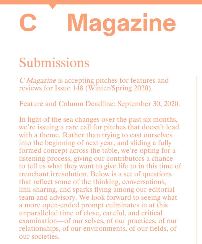 Get your #art #writing pitches into <a href="/CMagazineArt/">C Magazine</a> by September 30th! #callsforsubmission
cmagazine.com/about/submissi…
