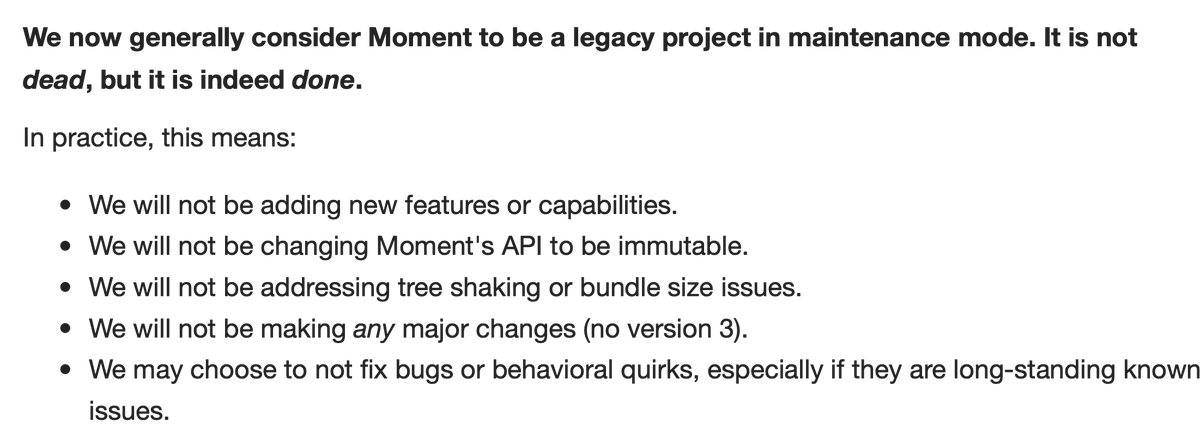 eabelard's tweet photo. A friend bought this up today and I had to go check it out myself. It's been a great run for #momentjs but according to the project status page, it is done.
#JS #javascript #webdev https://t.co/DjkodxoZph https://t.co/1YVFbRx9WI