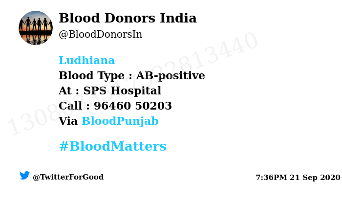 BloodDonorsIn's tweet image. #Ludhiana
Need #Blood Type :  AB-positive
At : SPS Hospital 
Blood Component : Platelets
Number of Units : 3
Primary Number : 96460 50203
Via: @BloodPunjab
#BloodMatters
Powered by Twitter