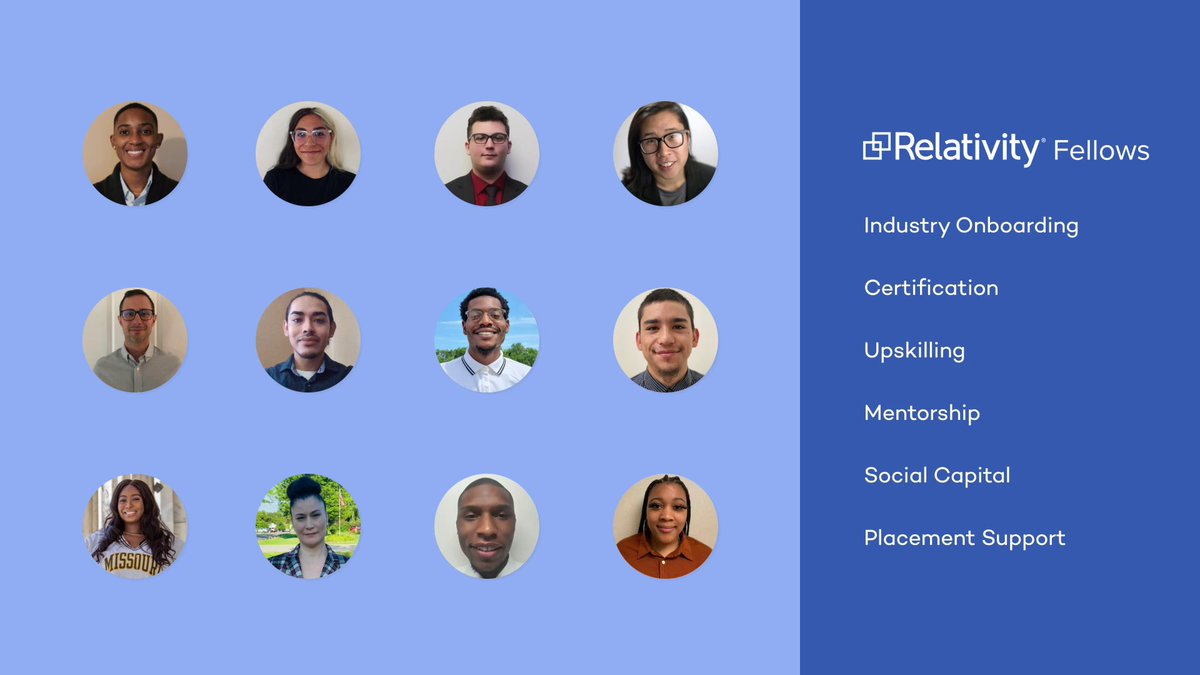 RelativityFest's tweet photo. We’re celebrating #RelativityFellows with our first cohort of 12 incredible individuals. This 5-month, paid fellowship consists of 6 areas of development, with our commitment that each Fellow will emerge with a full-time job at Relativity or our partners. #RelativityFest https://t.co/BkojacHaom
