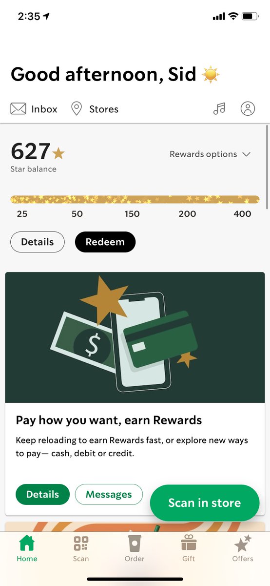 When you log into the Starbucks app, you see that rewards, not purchases are at the center of the Starbucks app. This is driven by the intuition that app purchases are driven by repeat customers who are willingly to go through a couple of taps to make a purchase.