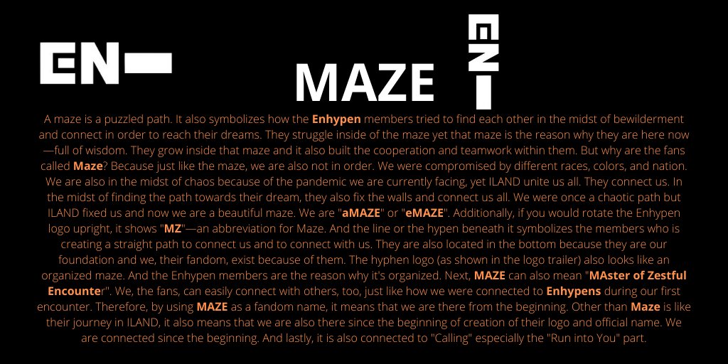 [ #ENHYPEN FAN CLUB NAME SUBMISSIONS THREAD]Here are 4 of the names you guys submitted to our tracker!LimelightMAZEMEELI (My Lovely)Meun @ENHYPEN @ENHYPEN_members #엔하이픈 #ENHYPEN_FandomName