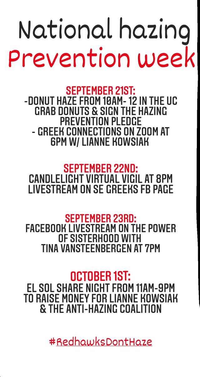 It's National Hazing Prevention Week! Please join us in these events to raise awareness.
#RedhawksDontHaze