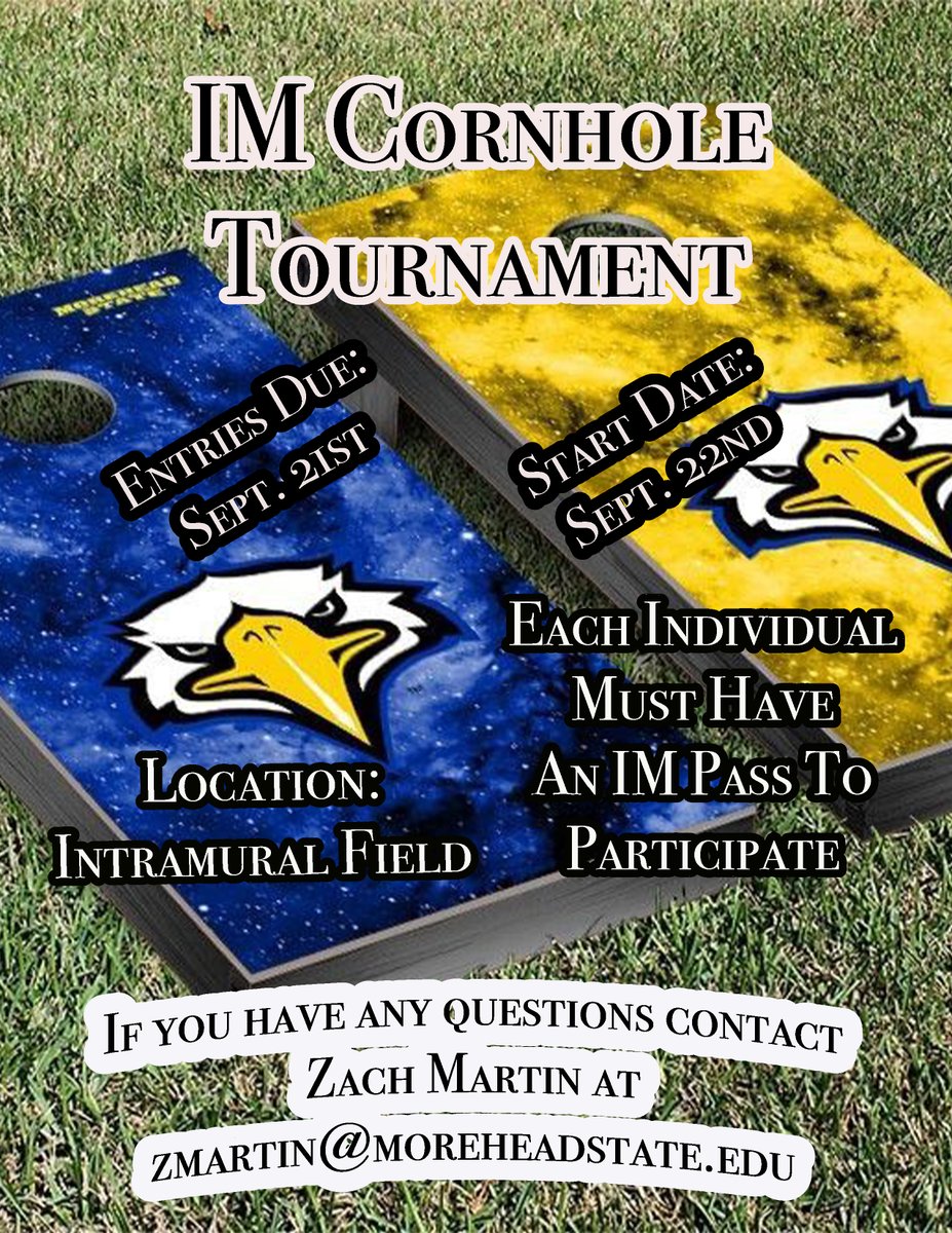 MSU_Intramurals's tweet image. Cornhole Entries due today at midnight! Tournament will start at 630pm tomorrow at IM field. Sign up at recreation.moreheadstate.edu