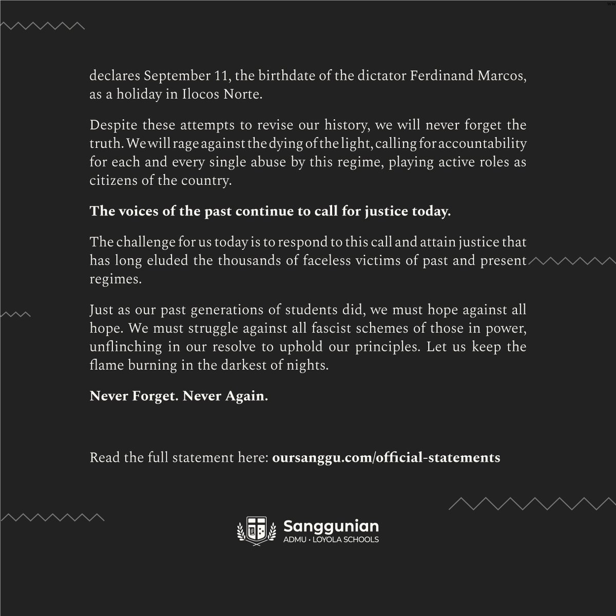 admusanggu's tweet photo. [READ] A Statement from the Sanggunian on the Anniversary of the Declaration of Martial Law

Access the full statement via https://t.co/HGWa1GPJud

#NeverAgain #ML48
#OurSanggu https://t.co/6espHu4UGQ
