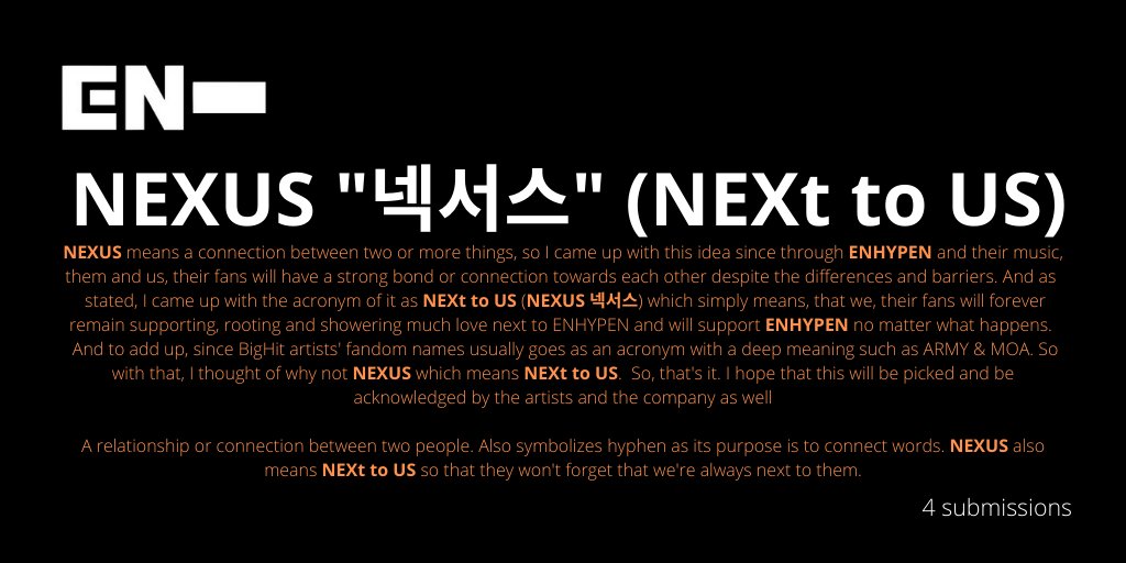 [ #ENHYPEN FAN CLUB NAME SUBMISSIONS THREAD]Here are 4 of the names you guys submitted to our tracker!N-HYPEN-Nsnectar / twolightNEXUS "넥서스" (NEXt to US) @ENHYPEN @ENHYPEN_members #엔하이픈 #ENHYPEN_FandomName