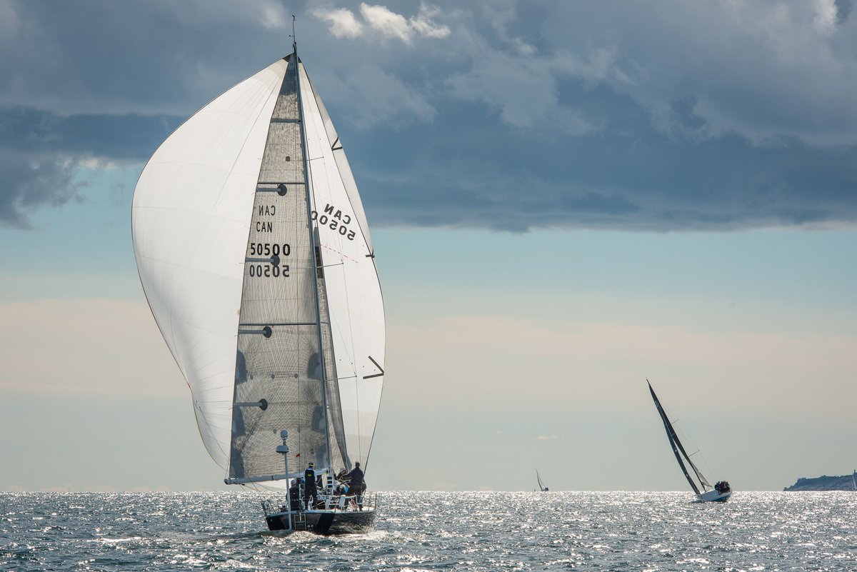 Dragonfly heads downwind with Barchetta approaching in the distance during the 2020 Prince of Wales Cup that took place in Halifax Harbour this weekend. 44° 33.979′ N 63° 31.441′ W