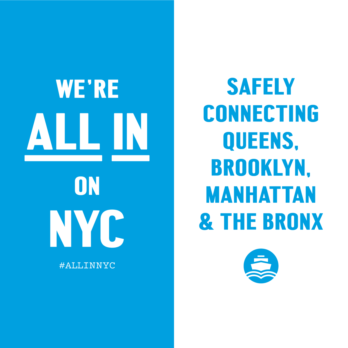 NYCferry's tweet photo. We're standing strong with all New Yorkers and we're proud to be #AllInNYC. We're here for you as we safely connect you to over 21 waterfront neighborhoods. We're all in this together! 
#ConnectNYC https://t.co/wfE1US3c50