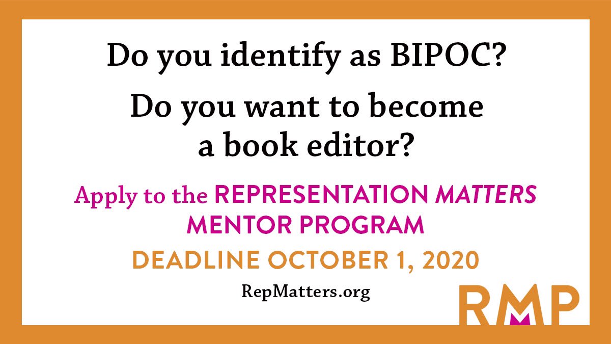 kendralevin's tweet image. Future editors who identify as BIPOC: apply to RMMP to receive mentoring, make connections, and find a foothold in the publishing industry. Deadline Oct. 1. Learn more and apply at repmatters.org.