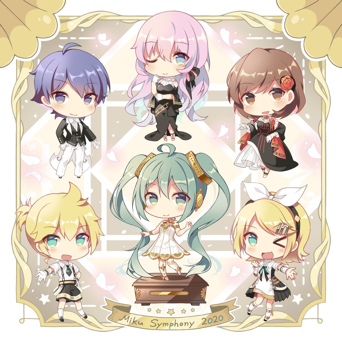 hatsune miku ,kagamine len ,kagamine rin ,kaito (vocaloid) ,megurine luka ,meiko (vocaloid) one eye closed 4girls 2boys multiple girls multiple boys dress twintails  illustration images