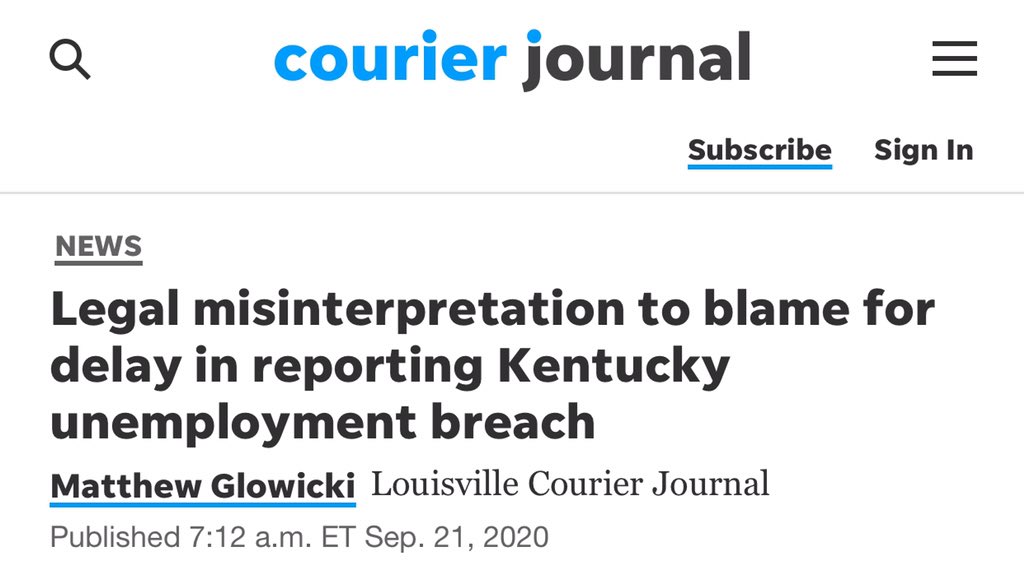 THREAD! Our sources allow us to do the quick independent journalism major outlets like the  @courierjournal (  @MattGlo ) won’t do. Here’s another example  @GovAndyBeshear’s admin investigated itself & concluded that it did nothing wrong!  1/8Link:  https://www.courier-journal.com/story/news/2020/09/21/kentucky-unemployment-breach-misinterpretation-led-reporting-delay/5765270002/