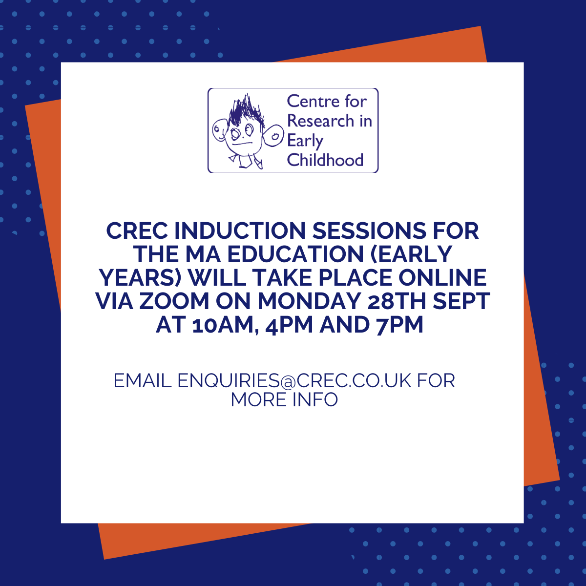 _CREC's tweet photo. Getting Close! ποΈ
CREC induction sessions for the MA #Education will take place online via Zoom on Monday 28th Sept at 10am, 4pm + 7pm!β°
Join the session which best suits your schedule and enjoy an early opportunity to connect with other PG students! #Earlyyears #EYworkforce https://t.co/9uQVWhSZCx