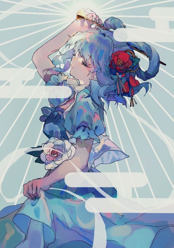 kaku seiga 1girl solo hair ornament flower hair stick dress blue hair  illustration images