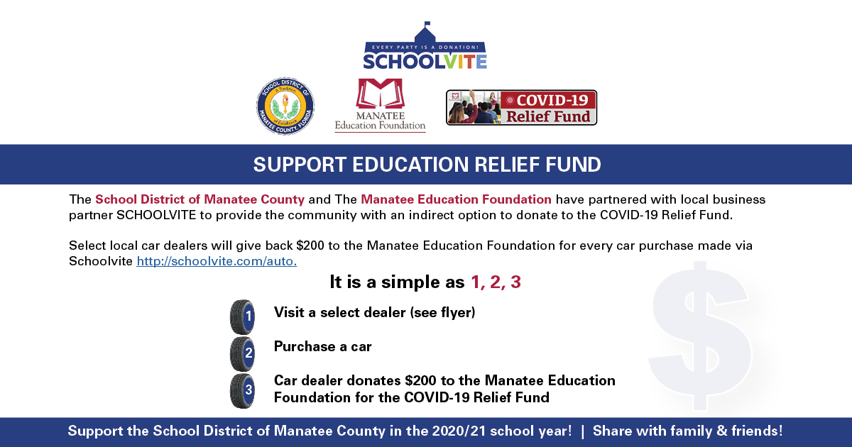PartnersSdmc's tweet photo. Looking for a new car?  Great way to buy a new car from select dealers, and give back to the School District of Manatee County through the COVID-19 Relief Fund. https://t.co/obqXCgXfVK  @Manateeschools #partnerssdmc https://t.co/7iJaIm1z2N