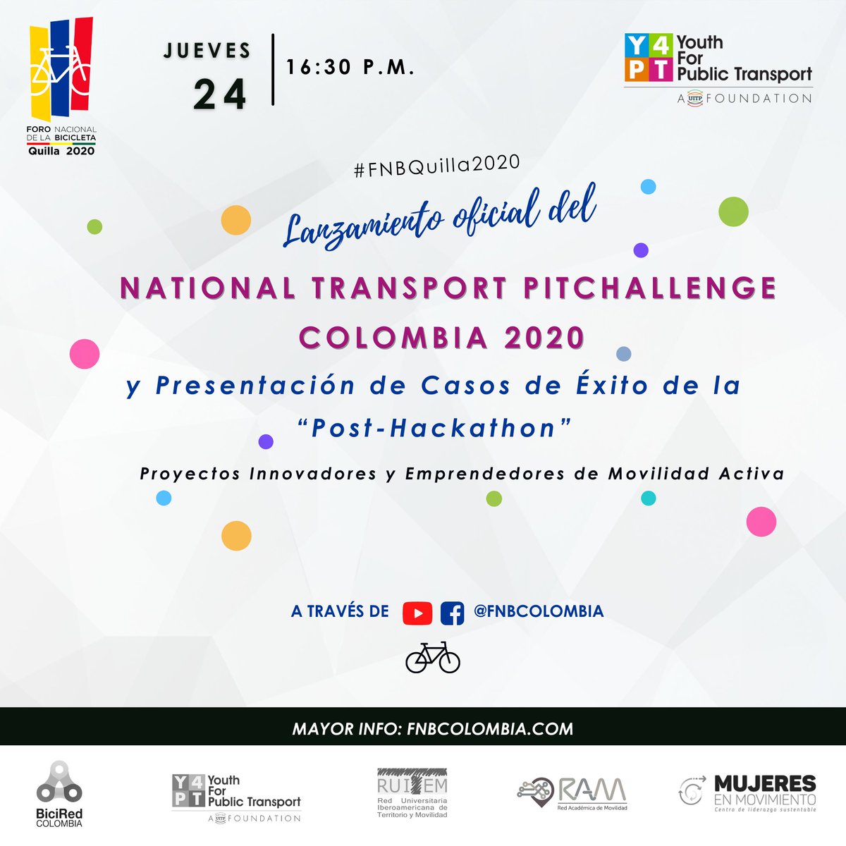 VEN Y ENTÉRATE de proyectos innovadores en movilidad activa con el lazamiento oficial del NATIONAL TRASNSPORT PITCHALLENGE COLOMBIA 2020 🚴‍♀️🚴🚴‍♂️🚵‍♀️🚵🚵‍♂️➡🇨🇴🔍 ¡Agéndate! #FNBQuilla2020 ¡TE ESPERAMOS!💻❗🔜 #VamosaTiraPedal
