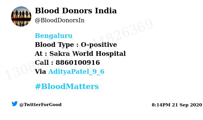 BloodDonorsIn's tweet photo. #Bengaluru 
Need #Blood Type :  O-positive
At : Sakra World Hospital 
Blood Component : Need Plasma from O+ve #COVID19 recovered patient.
Primary Number : 8860100916
Secondary Number : 7325044004
Via: @AdityaPatel_9_6
#BloodMatters
Powered by Twitter https://t.co/Ax648NlnXZ