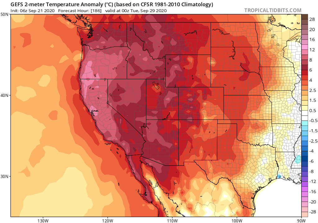 Early indications is that this early Oct event will have potential to bring record heat to CA and possibly other areas. This will coincide with weak offshore flow, so should spread all the way to coast and bring extreme wildfire burning conditions once again.  #CAwx  #CAfire (3/n)