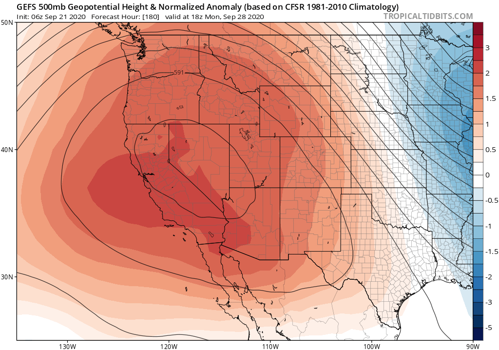 There is unfortunately multi-model ensemble agreement that a very strong ridge will build near CA and the West Coast by end of Sept., bringing yet another major heatwave by early October to CA, OR, and adjacent states.  #CAwx  #ORwx  #CAfire (2/n)