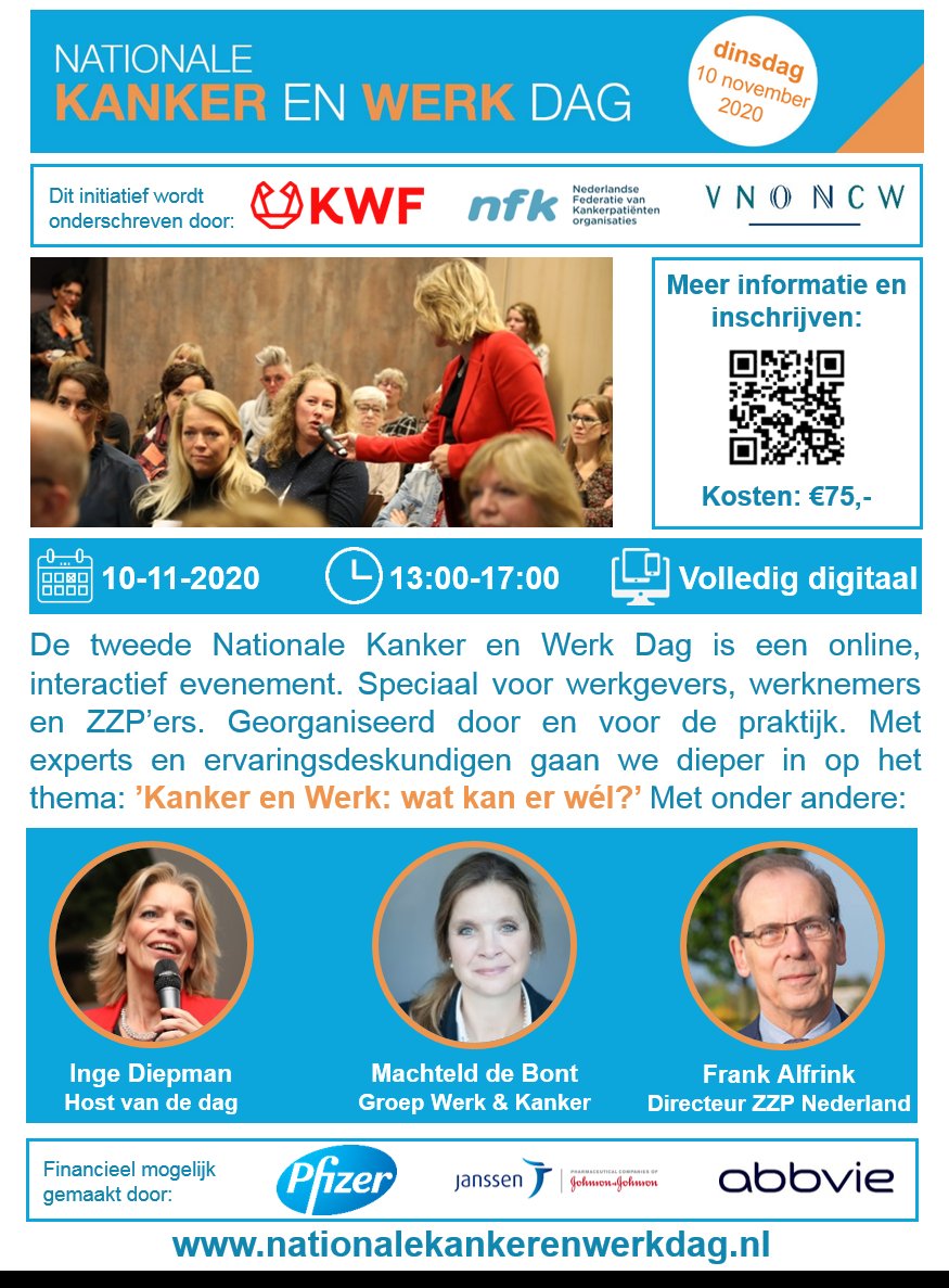 We zijn LIVE! De inschrijving voor de 2e editie van de Nationale Kanker en Werk Dag is geopend. Op 10 november, volledig digitaal en speciaal voor werknemers, werkgevers én ZZP'ers. 

Meer info en inschrijven via nationalekankerenwerkdag.nl

Zien we je daar?

#NKWD2020 #kankerenwerk