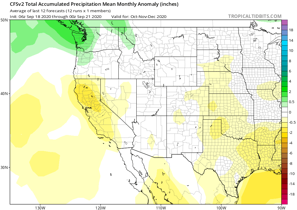 Seasonal outlook for Oct-Dec continue to suggest an elevated risk of lower than avg precip & warmer than avg temps for the rest of autumn in CA. I wish I had better news on wildfire front, but there's currently not much on horizon at the moment.  #CAwx  #CAfire (4/end)