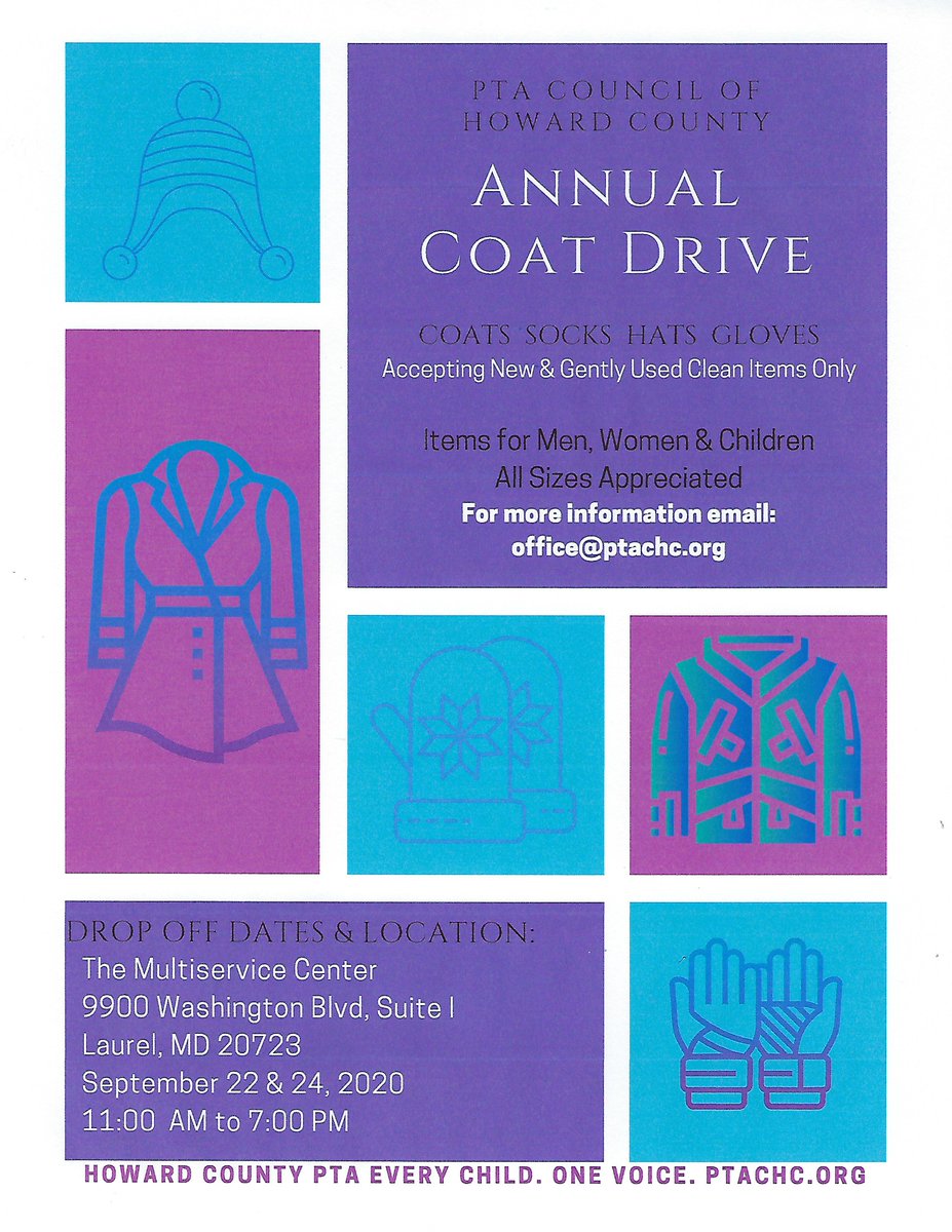PTACHC's tweet photo. HCPSS &amp; PTA Annual Coat Drive 2020. Drop off new/gently used coats, gloves, hats, scarves to COAD, 9900 Washington Blvd., Suite 1,Laurel, MD  20723 on 9/22 or 9/24 from 11am-7pm. https://t.co/fR0g5uNaqU