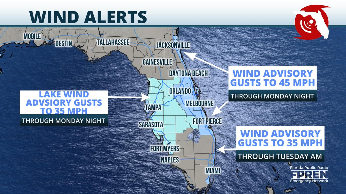 FloridaStorms's tweet photo. Another windy day is expected across much of the #FLPeninsula. Wind Advisories are in place through Monday night for the coasts of #NFL and parts of #CeFL; through Tuesday morning for #SoFL. #flwx  https://t.co/8IKXf18ShL https://t.co/HVXFiIxn2Z