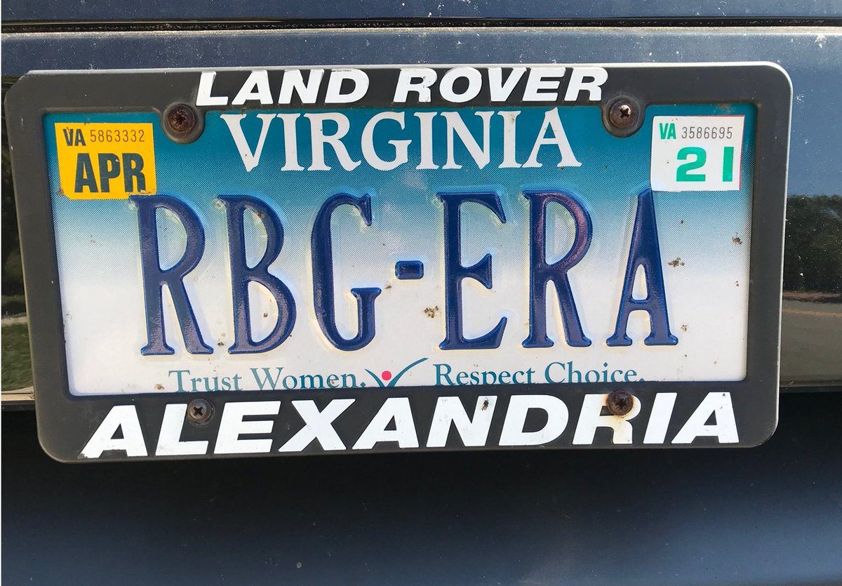 Laurie_Garrett's tweet photo. Genuine license plate photographed by a pal in Virginia: All Hail #RBG https://t.co/2NrhdKqfWk