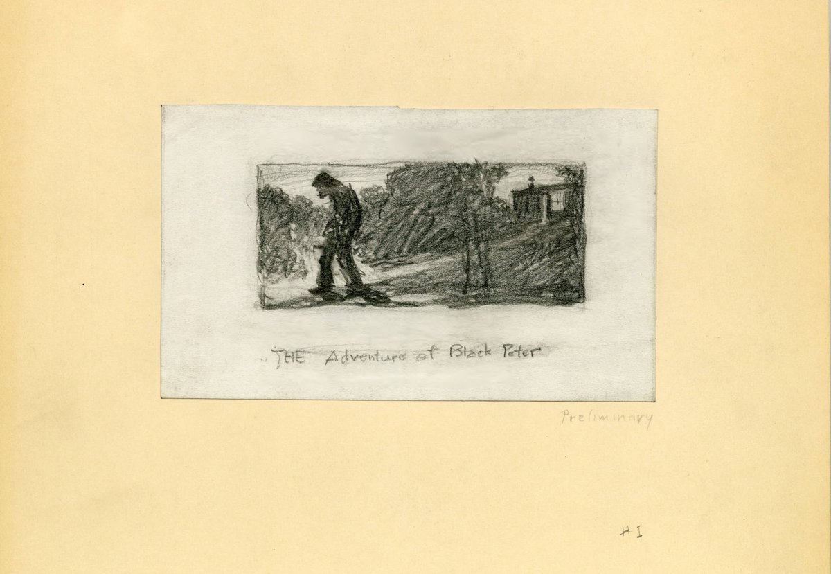 We  @SherlockUMN  @umnlib start this week w/ a very preliminary sketch by Steele for "The Adventure of Black Peter." It appears it didn't make it into the 1904 Collier's publication, but we love it all the same; it inspires us for the week ahead. Stay safe!  http://purl.umn.edu/99044 