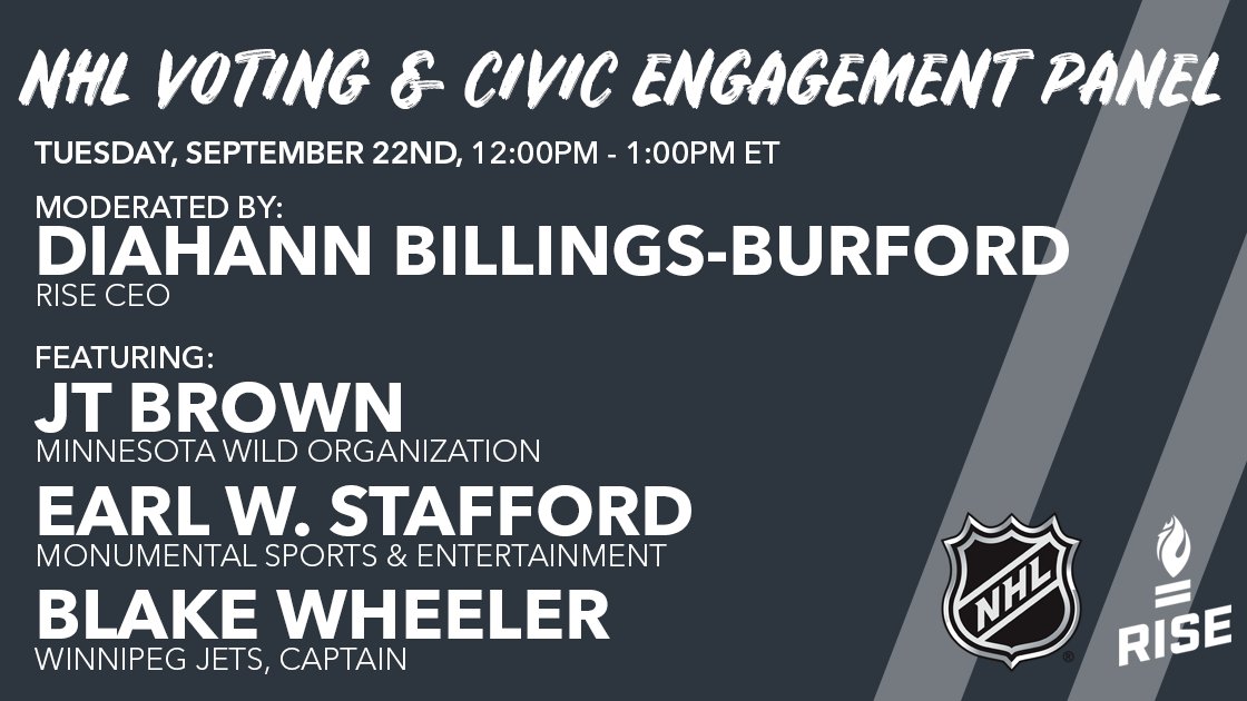 Join us tomorrow for the @NHL x RISE National Voter Registration Day panel for a discussion on the importance of voting and civic engagement. Register here: risetowin.zoom.us/meeting/regist…